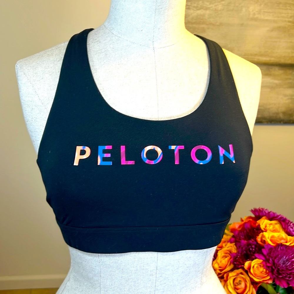 Peloton Black Sports Bra with Fun Colorful Strap Design On Back Size Medium